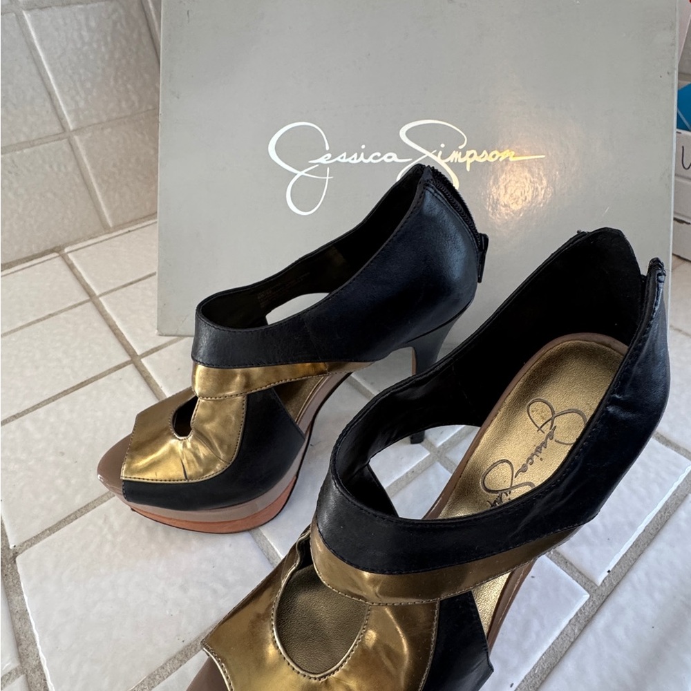 Jessica Simpson Black and Gold Cutout High-Heel Sandals - Picture 6 of 6